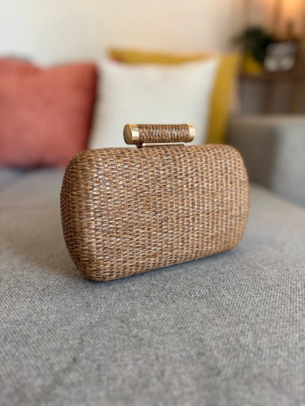 Woven Clutch Crossbody Purse Party Summer Beach Vacation Festival Bag Gold Chain - Picture 2 of 15